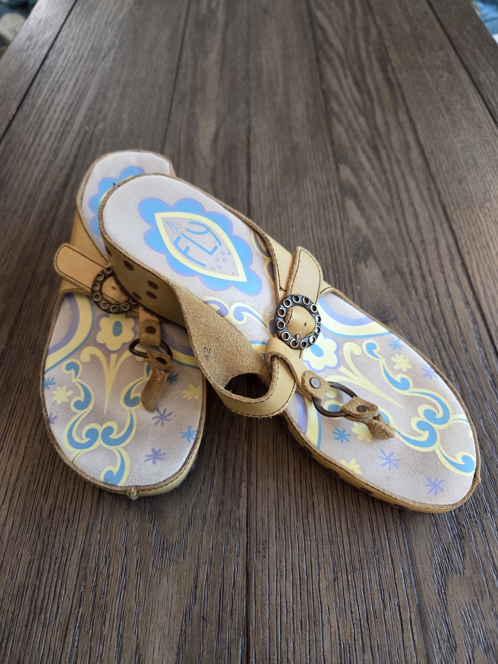 Fly London Yali Leather Sandals Tan Blue Floral Platform Wedge EU 42